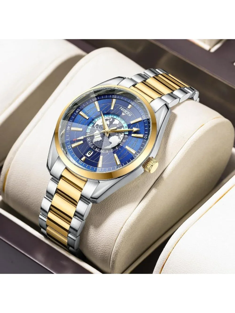 Men's Blue Gold Analog Quartz Stainless Steel Waterproof Casual Wrist Watch